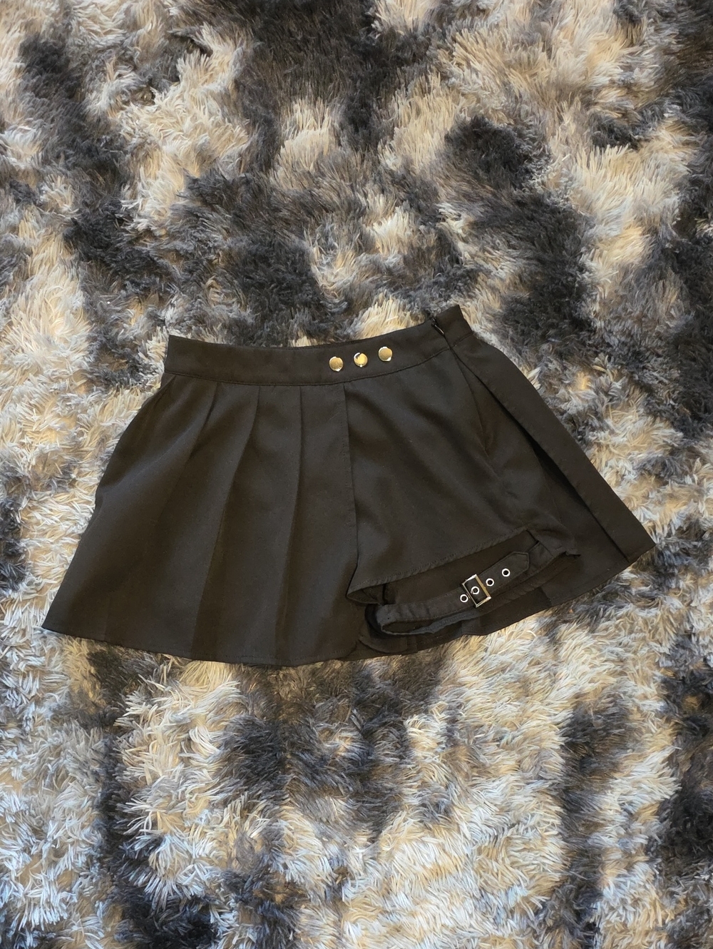 Black Pleated Wrap Skort with Thigh  Buckle Detail